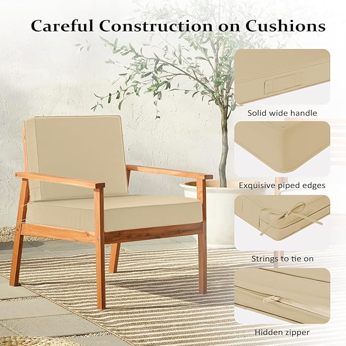 24x24 Outdoor Cushions for Patio Furniture, Waterproof Outdoor Chair Cushions with Non-Slip Ties and Handle, Washable Deep Seat Cushions for Outdoor Furniture with Removable Cover, Khaki