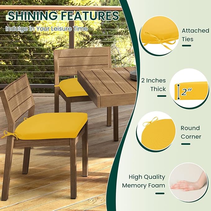 HARBOREST Outdoor Chair Cushions Set of 4, Water Resistant Patio Chair Cushions with Ties, Outdoor Seat Cushions for Patio Furniture, 17"x16"x2", Yellow