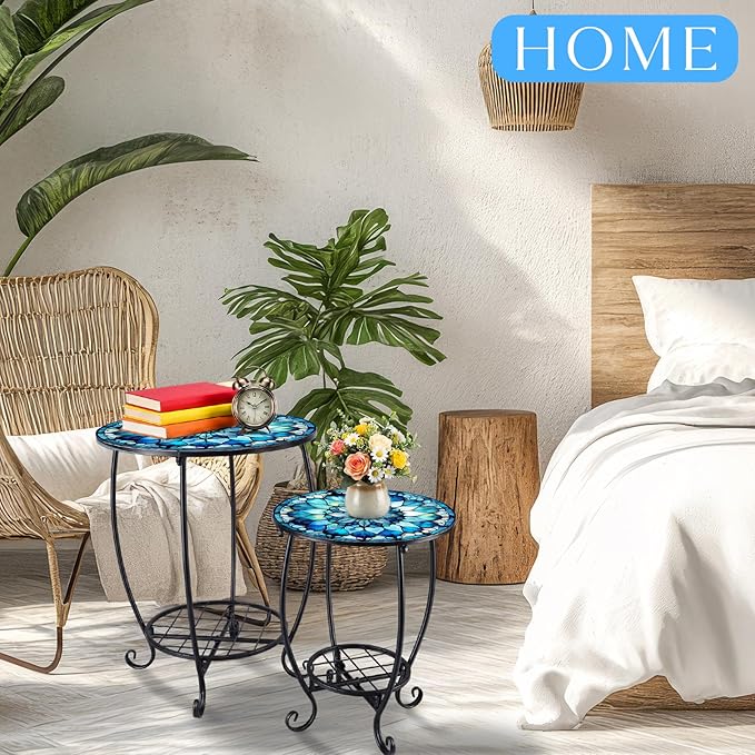 2 Pcs Outdoor Side Table Small Patio Round Mosaic Accent Indoor End Table Plant Metal Coffee Tea Tables for Patio Yard Porch Garden Living Room(12" and 16",Mandala Style)