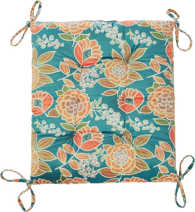 Outdoor Patio Cushion, Rocking Chair Cushion, Tufted Pads, Set of Upper and Lower with Ties Pack of 2 (2 Sets) - Back 20"×17", Seat 17"×17" (Green Bottom Flowers)