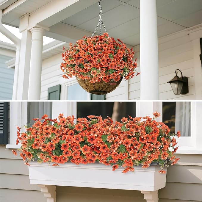 Artificial Flowers for Outdoor Fall Decoration-Faux Flower Petunia with Eucalyptus Fake Plants Boxwood for Front Door Planter Home Garden Porch Patio Thanksgiving Autumn Decor-12 Bundles (Orange)