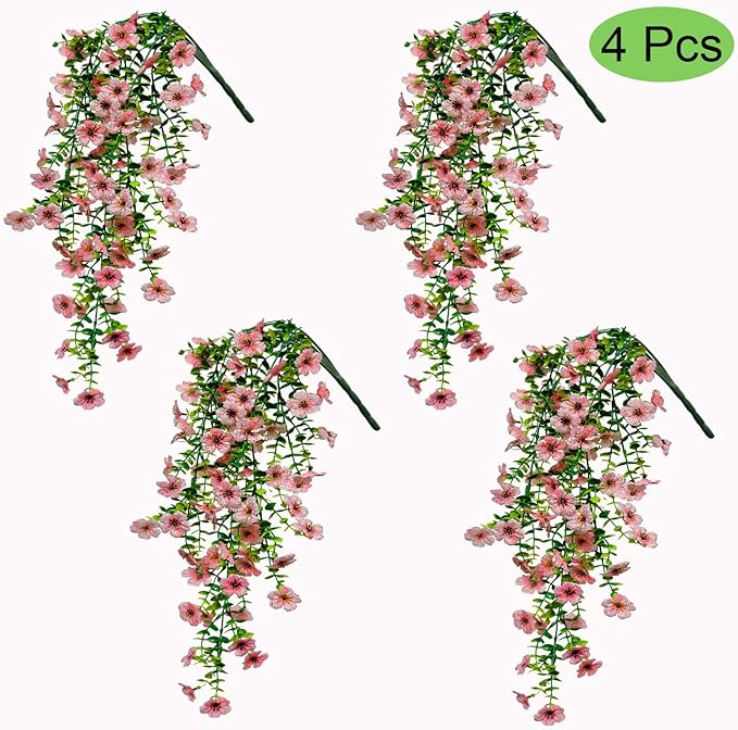 4 Pcs Fake Outdoor Artificial Flowers For Outdoors Uv Resistant, Plastic Flowers For Outdoors, Fake Hanging Plants Faux Flowers For Outdoor Planters, Silk Spring Flowers For Outside Porch（Pink）