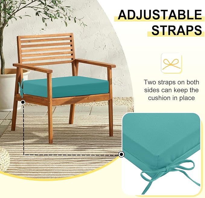 downluxe Outdoor Chair Cushions Set of 6 for Patio Furniture, Water-Resistant Square Corner Patio Chair Cushions with Ties, High Density Foam Outdoor Seat Cushion, 18.5" X 16" X 3", Teal