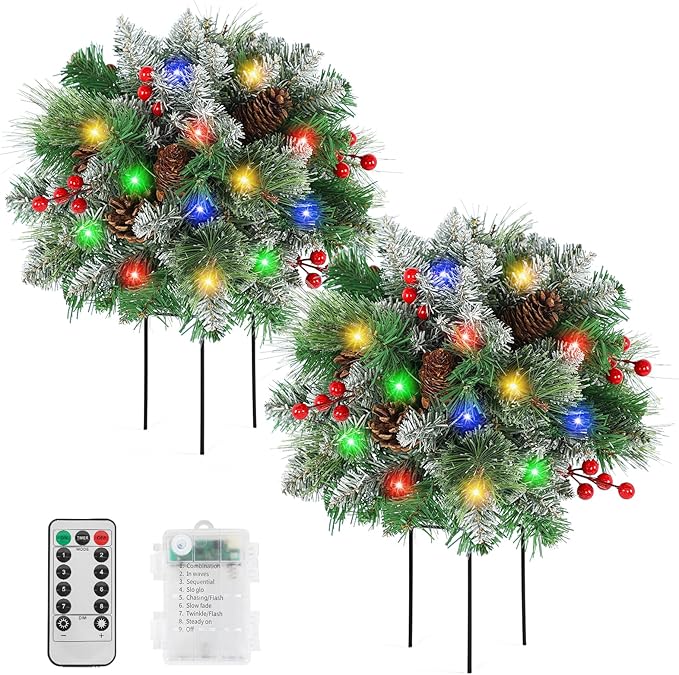 Lighted Artificial Christmas Urn Filler, 2 Pack Small Xmas Pine Tree Outdoor Decorations with Cones, Red Berries & 50 LED Lights, Light Up Planter Filler Decor for Porch Yard, Garden, Cemetery