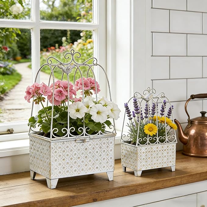 2-Piece Vintage White Metal Birdcage Planter Set, Decorative Flower Pots with Ornate Design for Indoor Outdoor Garden Decor, Distressed Planters (White)
