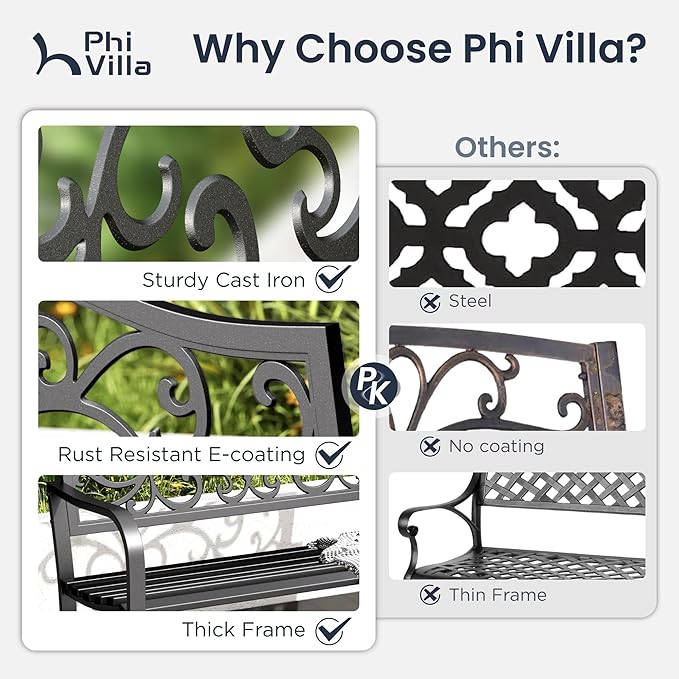 PHI VILLA 43 Inch Cast Iron Steel Frame Outdoor Garden Bench, Patio Furniture Chair Bench w/Floral Design Backrest, Slatted Seat for Park, Yard, Porch - Black