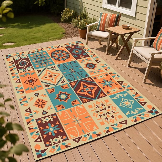 WILDROOTS 5x8 Feet Vintage Patchwork Plastic Outdoor Rug, Stain Resistant Waterproof Reversible Outdoor Patio Rug, Fade Resistant Camping Rug