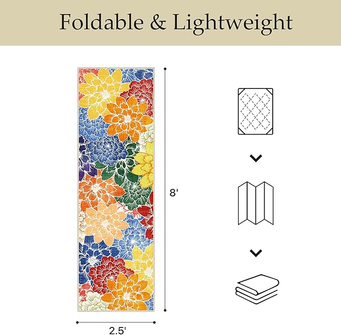 GENIMO 2.5’x8’ Indoor Outdoor Runner Rug for Hallway, Washable Waterproof Bedside Rugs, Non-Slip, Floral Mat Carpet for Patio, Living Room, Bedroom, Balcony, Kitchen, Deck, Porch, Colorful