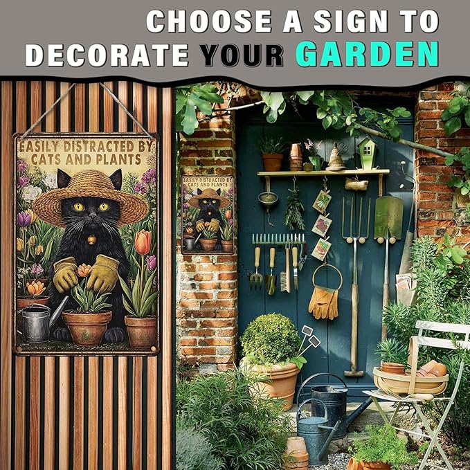 PEACHGARDEN Garden Sign Cat Outside Sign Easily Distracted by Cats and Plants Vintage Funny Metal Wall Art for Home Farmhouse Kitchen Outdoor Gift 8x12inch