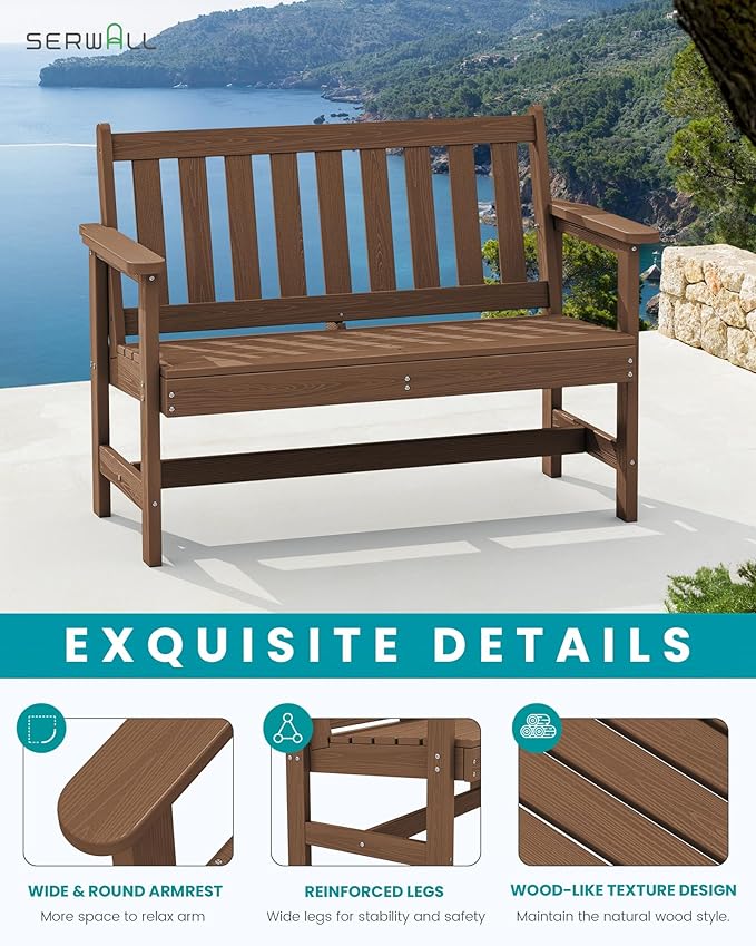 SERWALL Outdoor Bench, HDPE Outdoor Benches Weatherproof, 2-Person Garden Bench with 660 lbs Weight Capacity, Patio Benches for Outdoors, Garden, Porch, Backyard and Park, Brown