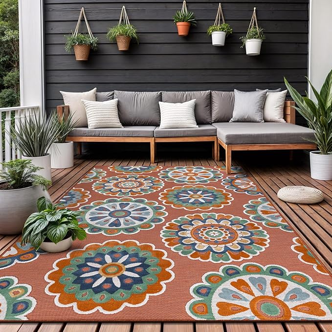 Outdoor Rug 8x10 Washable Area Rugs Indoor Outdoor Carpets Orange Bohemian Medallion Non Shedding Waterproof Easy Clean Patio Deck Porch Living Room Bedroom Garden RV (8 X 10 Orange)
