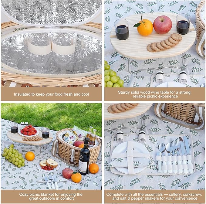 Picnic Basket Set for 2 - Wicker Insulated Picnic Basket with Waterproof Blanket, Folding Wine Picnic Table & Cutlery Kits, Picnic Baskets Kit for Camping, Outdoor, Valentine (Leaf)