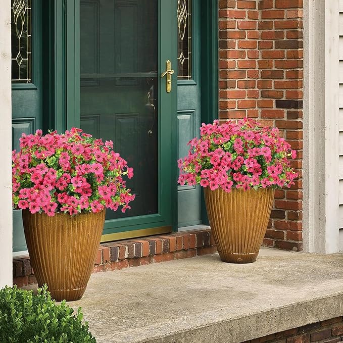 Artificial Flowers Outdoor Faux Plants UV Resistant Fake Patio Flowers Plastic Greenery Plnats Outside Bulk for Spring Garden Hanging Planter Home Vase Decor, 24 Bundles (Rose Red)
