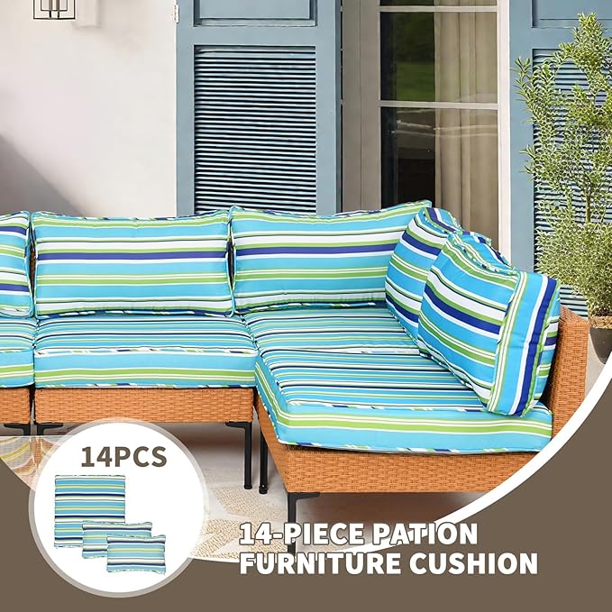 14Piece Outdoor Sofa Cushion Replacement, Patio Furniture Waterproof Cushion with Zippers, fit 6-Seat Outdoor Wicker Rattan Sectional Couch (Aurora, 25.6"x25.6"x3.9")