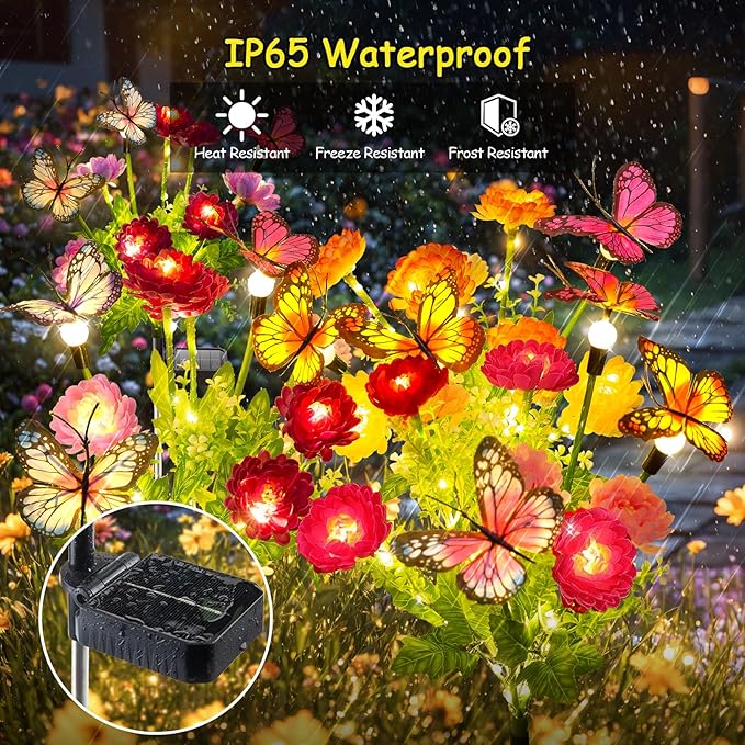 GARPAR Solar Garden Decor, 3 Pack Solar Lights with 9 Butterflies & 21 Blooming Flowers, Solar Flowers Outdoor Waterproof, Garden Lights for Outdoor Decorations