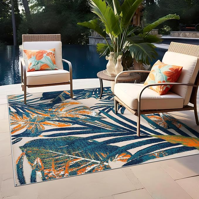 Rugshop Tropical Floral Leaves Indoor/Outdoor Area Rug Durable Polypropylene, Non-Shedding, Easy to Clean, Perfect for Patio, Backyard, Deck and Outdoor Lounge, High Traffic Areas, 6'6" x 6'6" Square