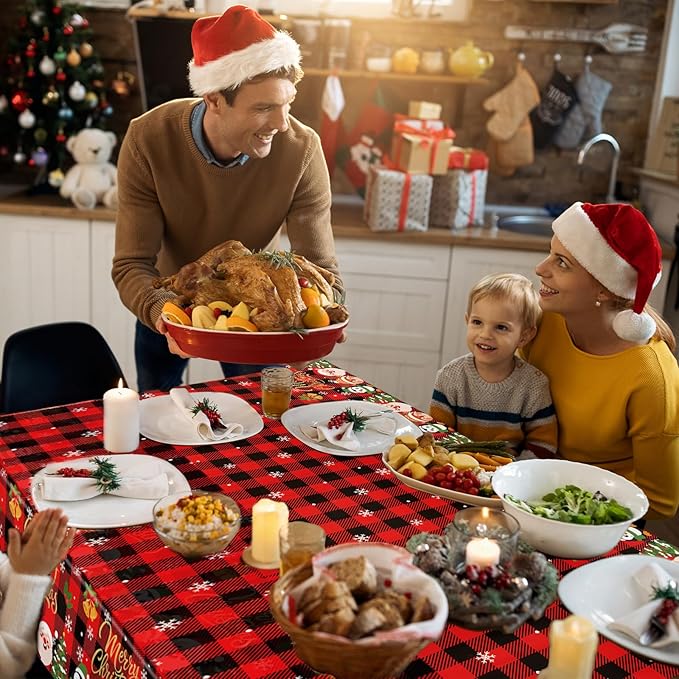 3 Pieces Merry Christmas Tablecloth - 54"x108" Disposable Red and Black Checkered Plastic Table Cover with Santa and Snowflakes for Christmas Dinner Party Supplies, Winter Seasonal Decorations