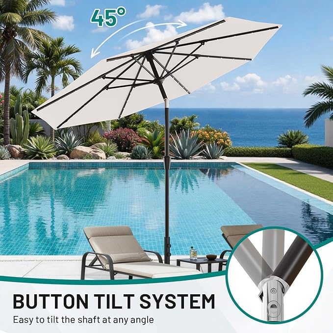 AreShark 9FT Patio Umbrella with Solar Lights, 32 LED Lighted Pool Umbrella w/Tilt and Crank, Outdoor Market Solar Umbrellas for Garden, Deck, Backyard, Pool and Beach, Cream-White