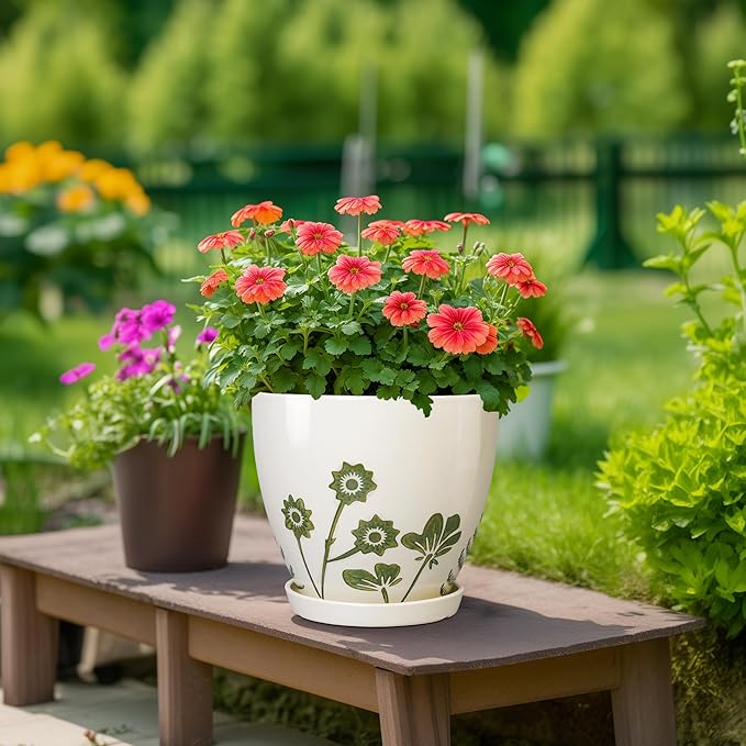 Ceramic Planters - 10+8+6 Inch Plant Pots with Drainage Holes and Saucers, Boho Decorative Round Flower Pots for Indoor Outdoor Plants, Housewarming Gifts, Office Decor, Set of 3, White