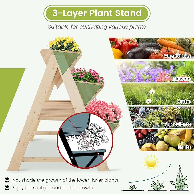 S AFSTAR 3-Tier Vertical Garden Bed, Wooden Elevated Planter Bed with Legs, Storage Shelf, 2 Hooks, Raised Bed Kit for Flower Vegetable Herb, Outdoor Plant Box Stand for Yard Garden & Balcony