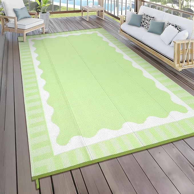 9x12 Outdoor Rug Waterproof Foldable Plastic Straw Carpet for Patio Porch Scalloped Border Reversible Mat Lightweight Floor Mat for Picnic, Rv, Beach, Deck, Camper, Balcony，Light Green