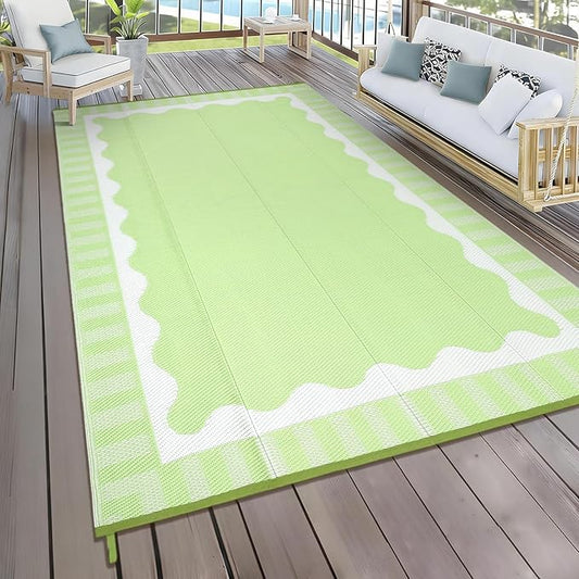 Outdoor Rug 8x10 Waterproof Patio Rugs Scalloped Border Reversible Mat for Front Door Rv Foldable Plastic Straw Carpet for Travel Trailers, Picnic, Porch, Camper, Balcony, Beach，Light Green