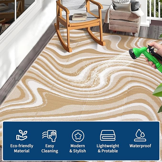Outdoor Rug 8x10 Waterproof Patio Rugs Modern Abstarct Reversible Mat for Front Door Rv Foldable Plastic Straw Carpet for Travel Trailers, Deck, Camper, Balcony, Beach，Brown/Coffee/White
