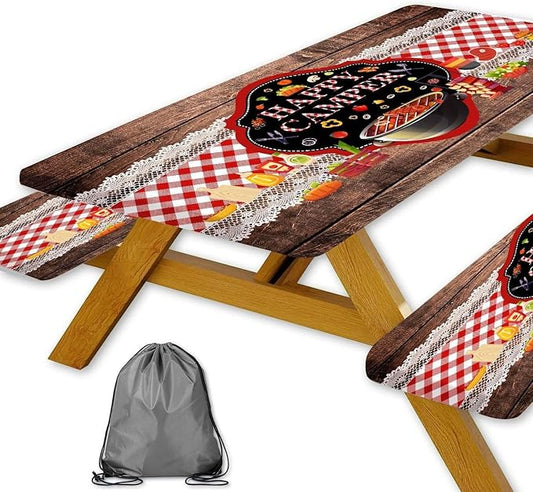 Happy Camper Picnic Table Cover with Bench Covers Elastic Edges, Wooden Red Plaid Fitted Table Cover, Outdoor Patio Camping Essentials 60 Inch 3PCS, Waterproof Fitted Tablecloth with Drawstring Bag