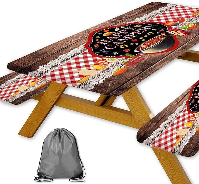 Happy Camper Picnic Table Cover with Bench Covers Elastic Edges, Wooden Red Plaid Fitted Table Cover, Outdoor Patio Camping Essentials 96 Inch 3PCS, Waterproof Fitted Tablecloth with Drawstring Bag