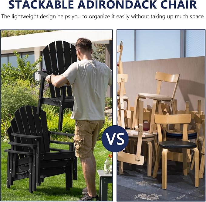 nevilywood Compact Stackable Adirondack Chairs Set of 4, 26.3" Wide HDPE Outdoor Patio Chairs - Durable, Space-Saving Design for Porch, Lawn or Garden, Black