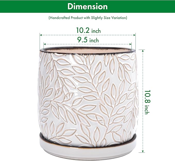 D'vine Dev 10 Inch Embossed Leaves Stoneware Planter Pot with Drainage Hole and Saucer, Smoked White, 27-A-P-1