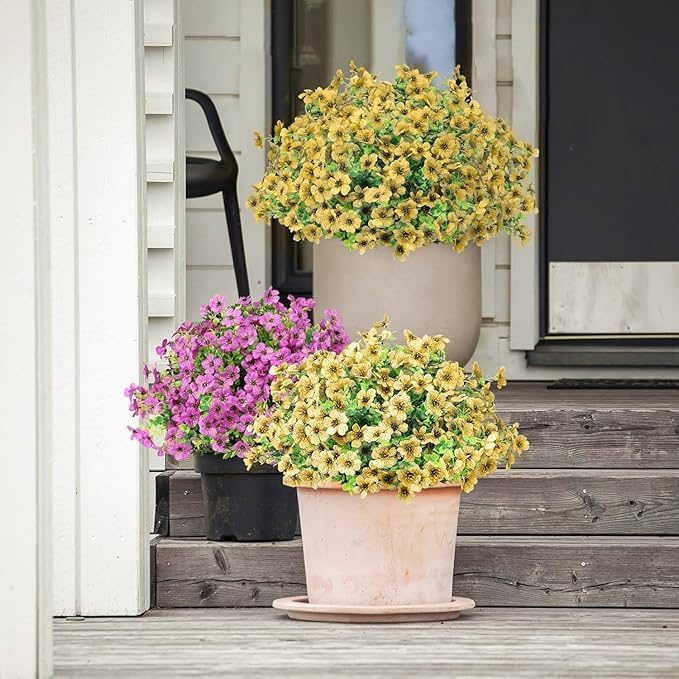 Artificial Flowers Outdoor Faux Plants UV Resistant Fake Patio Flowers Plastic Greenery Plnats Outside Bulk for Spring Garden Hanging Planter Home Vase Decor, 24 Bundles (Yellow)