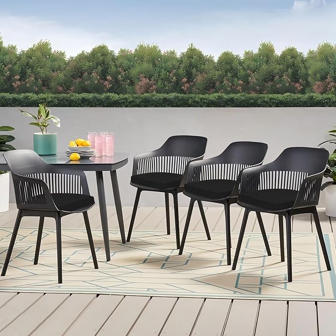 Outdoor Chair Cushions Set of 4, 17 x 16 Inch Patio Chair Cushions for Outdoor Furniture, Water Resistant, Non-Slip Ties (Black)
