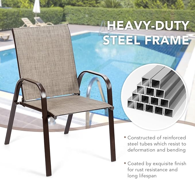 Tangkula 2 Piece Patio Dining Chairs, Outdoor Bistro Chairs W/Curved Armrests, Easy-to-Dry Fabric, Reinforced Steel Frame, Wide & Comfortable Camping Chairs for Garden, Poolside, Backyard (1, Grey)
