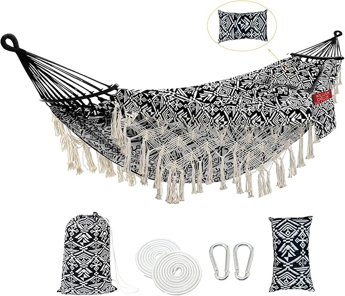 2 Person Hammock with Pillow,Indoor Hammocks with Portable Carry Bag Deluxe Macrame Fringe,Curved Spreader Bar,Side Pocket,Polycotton Fabric,Up to 450Lbs for Patio,Porch,Backyard,Beach,Outdoor