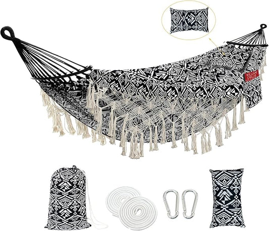 2 Person Hammock with Pillow,Indoor Hammocks with Portable Carry Bag Deluxe Macrame Fringe,Curved Spreader Bar,Side Pocket,Polycotton Fabric,Up to 450Lbs for Patio,Porch,Backyard,Beach,Outdoor