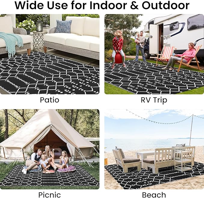 Smiry Outdoor Rug 5x8 ft, Waterproof Reversible Plastic Straw Rugs, Boho Outdoor Area Rug, Outside Floor Mat for Patio, Backyard, Deck, Picnic, Beach, Camping, Black
