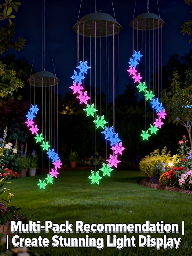 Solar Powered Snowflake Wind Chimes, Color Changing LED Outdoor Decorative Lights, Garden Patio Holiday Hanging Decoration