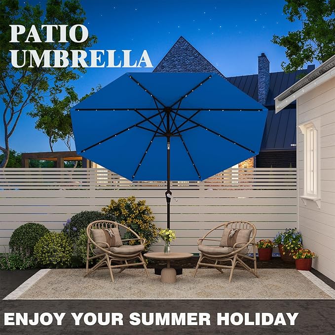 AreShark 9FT Solar Umbrella 32 LED Lighted Patio Umbrella Table Market Umbrella w/Tilt and Crank Outdoor Umbrellas for Garden, Deck, Backyard, Pool and Beach, Deep Blue