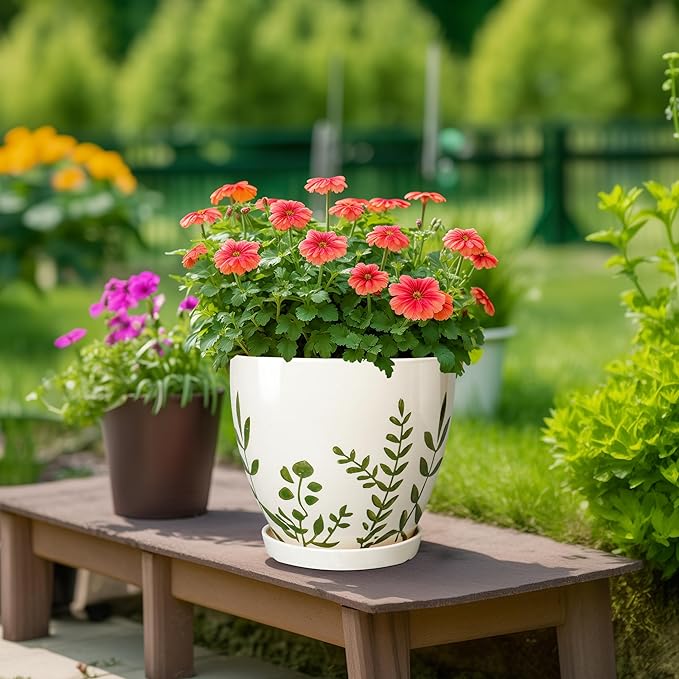 Ceramic Pots for Plants - 10+8+6 Inch Planters for Indoor Outdoor Flowers, Boho Round Decorative Flower Pots with Drainage Holes and Saucers, Home Decor, Gifts for Plant Lovers, Set of 3, White