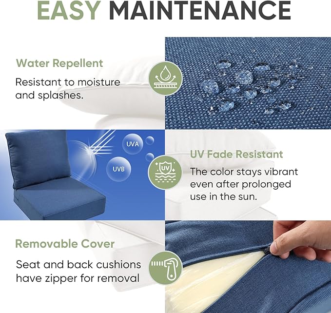 Outdoor Chair Cushion, 6 inch Thick Outdoor Cushions for Patio Furniture, 22x24 Waterproof Patio Chair Cushions, Include 1 Seat Cushion & 1 Back Pillow, Thick/Blue