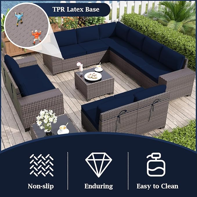 Outdoor Sectional Cushions, 4" Foam High-Density, Water-Resistant Couch Cushions Replacement Set, 14 Piece Patio Sectional Cushion for 6-Seat Sectional Patio Conversation Sets (Dark Blue)