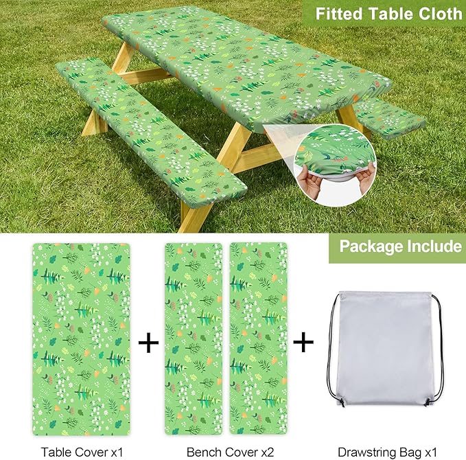 Picnic Table Cover with Bench Covers Camping Essentials Waterproof Windproof Camping Tablecloth with Drawstring Bag, Fitted Rectangle Tables and Seats, 72in, Grass Green