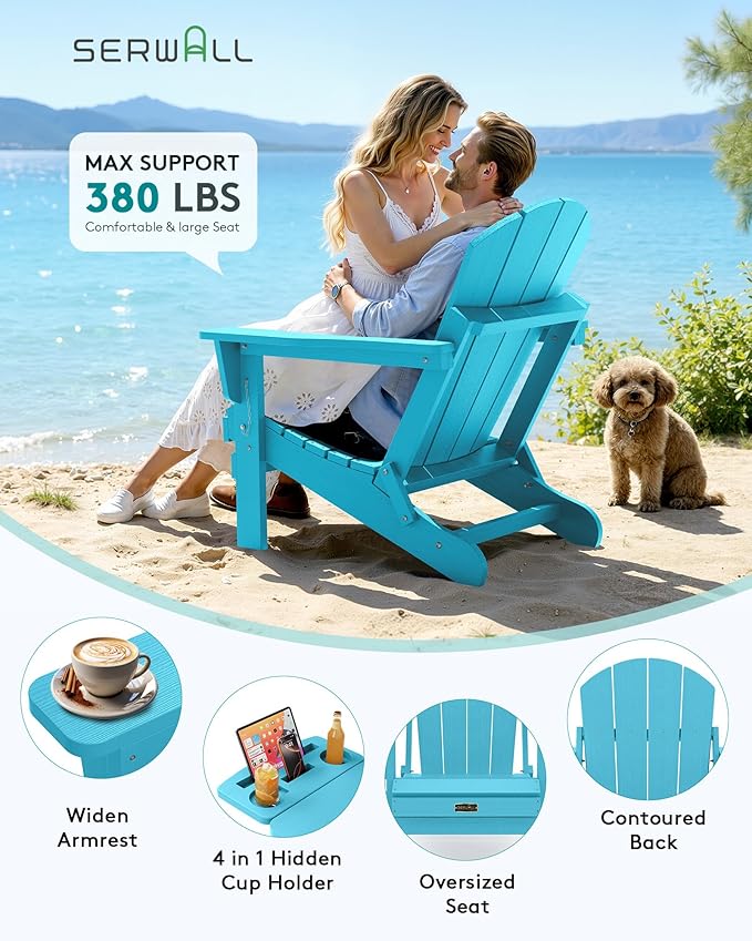 SERWALL Folding Adirondack Chair Set of 2 with 4 in 1 Cup Holder, HIPS Adirondack Chairs, Wood Texture, Weather Resistant Plastic Chairs for Patio Garden Outdoors Fire Pit Chairs - Coffee
