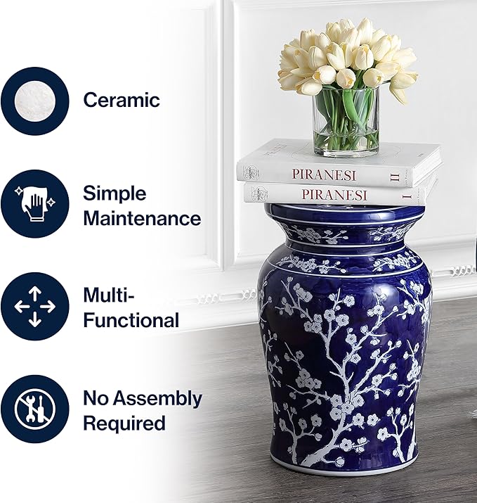 JONATHAN Y TBL1017A Cherry Blossom 17.7" Ceramic Indoor/Outdoor Garden Stool, Coastal, Contemporary, Transitional, Side Table, Plant Stand, Spill-Proof, Living Room, Garden Room, Patio, Navy/White