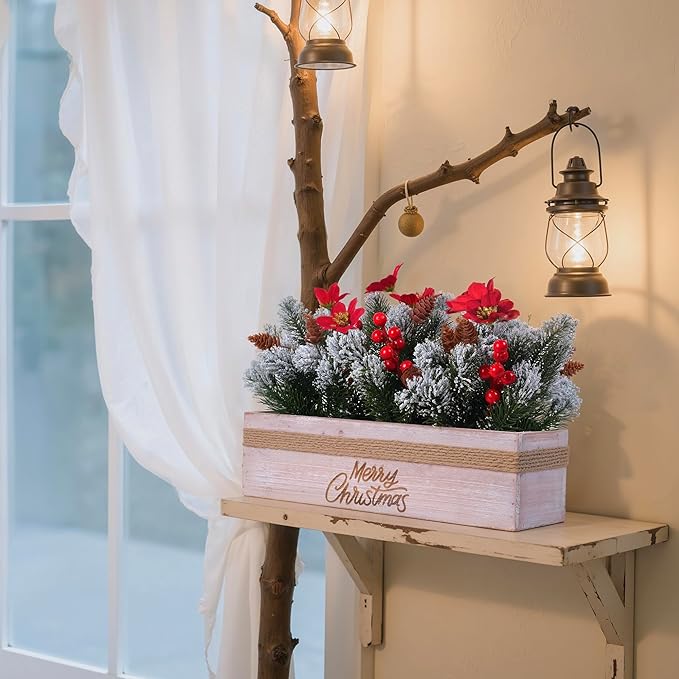 SVENJBB Christmas Table Centerpiece Decorations with Red Poinsettias, Snowy Norfolk Pine, Berries & Pine Cones in Wooden Box with “Merry-Christmas” Printing