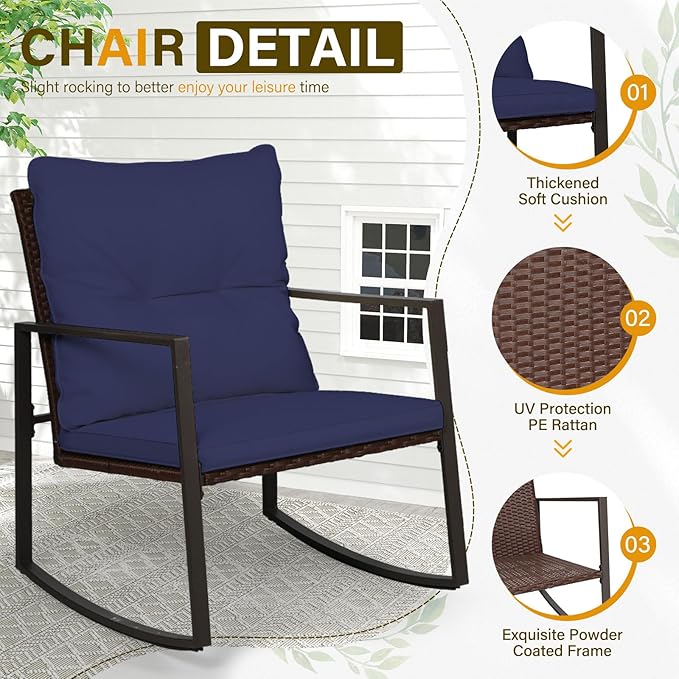SUNCROWN 3 Piece Outdoor Rocking Bistro Set Brown Wicker Furniture Porch Chairs Conversation Sets with Glass Coffee Table, Dark Blue