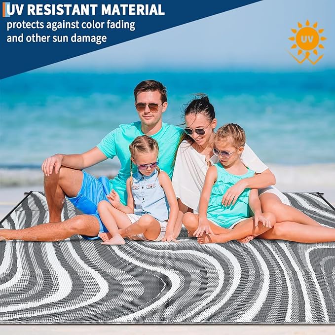9x12 Outdoor Rug Waterproof Foldable Plastic Straw Carpet for Patio Porch Modern Abstarct Reversible Mat Lightweight Floor Mat for Picnic, Rv, Beach, Deck, Camper, Balcony，Black/Grey