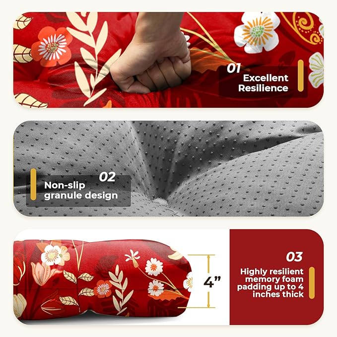 All Weather Chaise Lounge Cushions Outdoor Lounge Chair Cushion, Waterproof Memory Foam Chaise Lounger Chair Cushion for Outdoor Patio Furniture with Non-Slip Back and Ties, Red Floral
