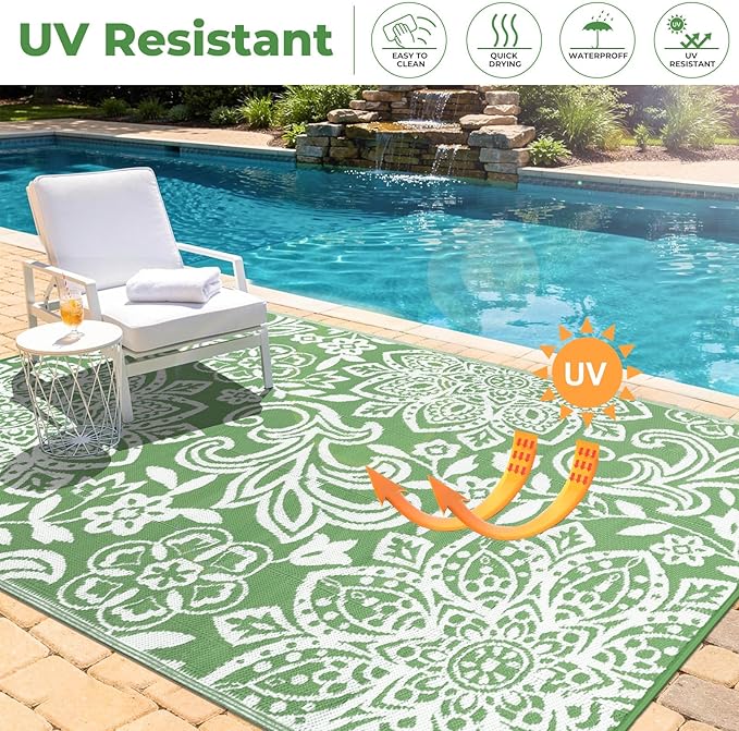 Findosom Waterproof Outdoor Rug 6' x 9' - Reversible Mandala Outdoor Plastic Straw Rug, Durable Foldable Patio Rug for RV, Deck, Balcony, Backyard, Picnic, Porch, Camping, Beach, Green